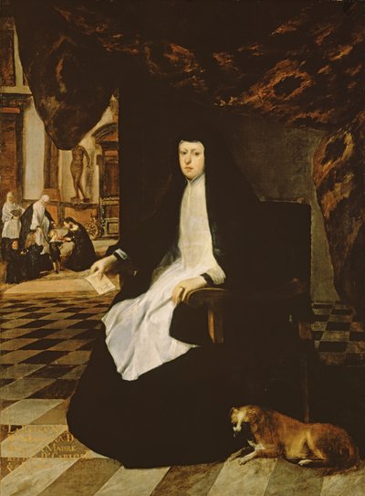 Portræt af dronning Mariana af Spanien (f.1631) i sorg af Juan Bautista Martinez Del Mazo