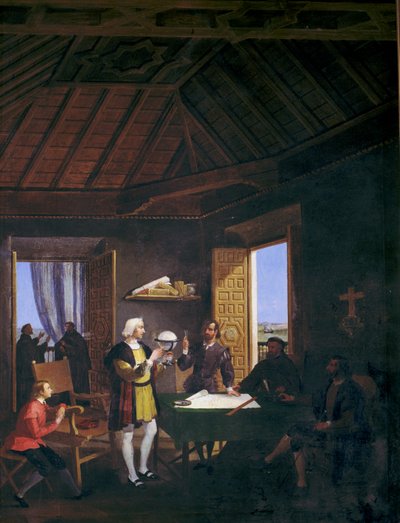 Garcia Fernandez-fysikeren Pera Juan Perez og Martin Alonso Pinzon samtaler i kapitelhuset i æraklostret La Rabida (olie på lærred) af Juan Cabral Bejarano