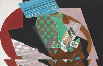 Skaktern og spillekort, 1915 (gouache, grafit og harpiks på cremefarvet vævet papir, monteret på pap) af Juan Gris