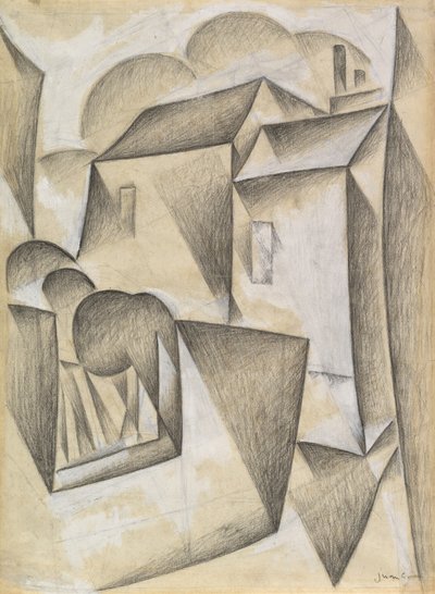 Huse i Paris, Place Ravignan, 1911 (sort kridt og gouache på hvidt papir) af Juan Gris