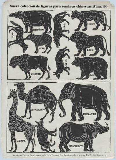 Ark 10 med figurer til kinesiske skyggedukker, 1859. af Juan Llorens