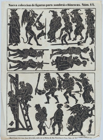 Ark 14 med figurer til kinesiske skyggedukker, 1859. af Juan Llorens
