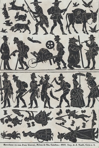 Ark 2 med figurer til kinesiske skyggedukker, 1859. af Juan Llorens