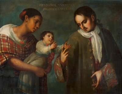 Espanjalainen ja mestizo-nainen lapsensa, "Castizon" kanssa. af Juan Rodríguez Juárez