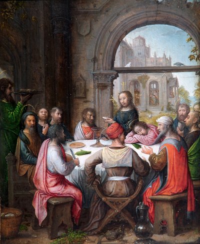 Den sidste nadver, med indstiftelsen af eukaristien og Kristus, der vasker disciplenes fødder (olie på egetræspanel) af Juan de (school of) Flandes