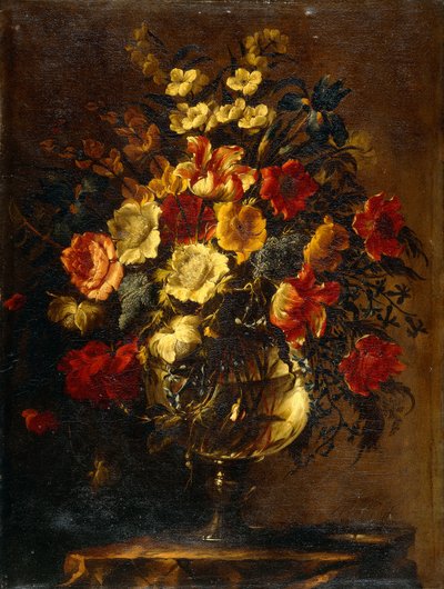 Blomster i en glasvase på en klippe, af Juan de Arellano