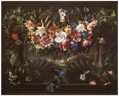 Blomsterkrans med landskab af Juan de Arellano