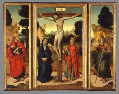 Korsfæstelse med jomfruen og de hellige Johannes evangelisten, Peter og Paulus, ca. 1520-1540 af Juan de Borgoña