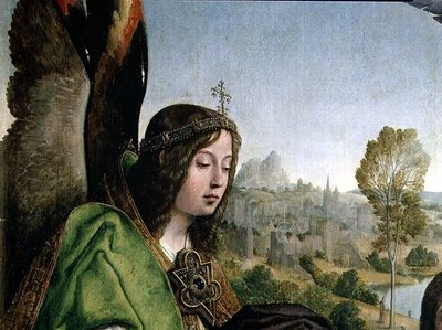 Kristi dåb, detalje af en engels hoved (olie på panel) af Juan de Flandes