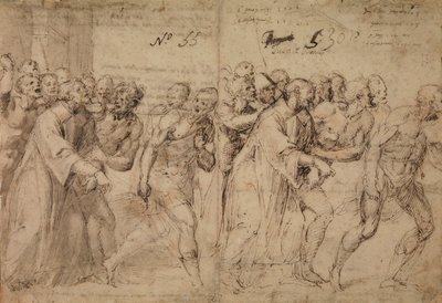 Studie for Saint Stephen Being Led to His Martyrdom, 1566 (pen & brunt blæk, grå vask og (senere?) spor af rødt kridt på papir) (recto) af Juan de Juanes Juan de Juanes