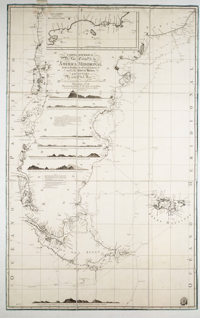 Kort over Chile, Patagonien, Ildlandet og Falklandsøerne, ca. 1798 (kobberstik) af Juan de Langara