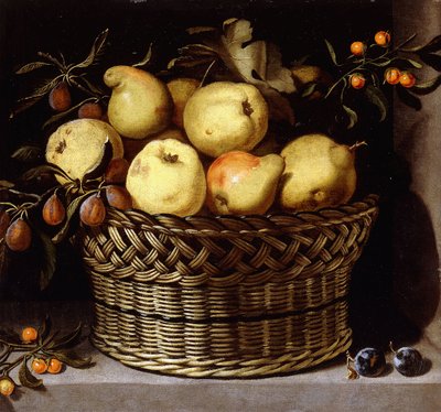 En flettet kurv med frugt på en stenkant, af Juan van der Hamen y Leon
