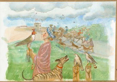 En tidlig middelalderlig jagtscene (akvarel på papir) af Judith Dobie