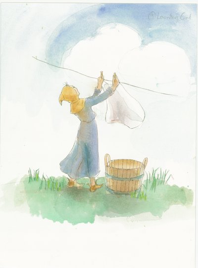 En middelalderpige, der hænger vasketøj, 2004. af Judith Dobie