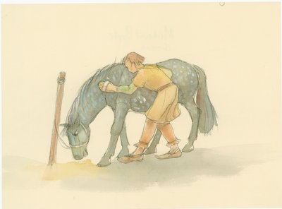 En middelalderlig brudgom, der børster en hest, 2004. af Judith Dobie