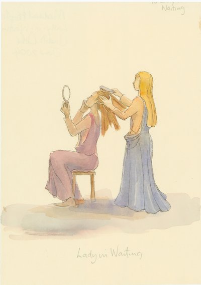 En middelalderdame i vente, børster håret på en dame, 2004. af Judith Dobie