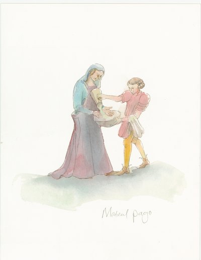 En middelalderside, der hjælper en dame med at vaske hænder, 2004. af Judith Dobie