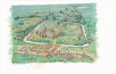 Et rekonstruktionsmaleri, der viser et skråt billede af Latton Priory, som det kan have set ud i slutningen af det 12. århundrede. af Judith Dobie