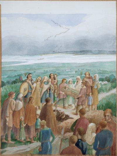 Rekonstruktion af en saksisk begravelsesscene (akvarel på papir) af Judith Dobie
