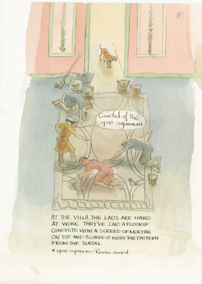 Håndværkermesteren og hans arbejdere lægger et gulv til Julias mosaik, 2003. af Judith Dobie