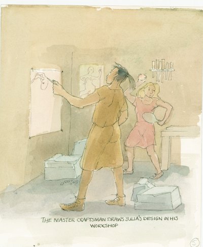 Håndværkermesteren tegner designs til Julias mosaikgulv, 2003. af Judith Dobie