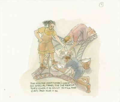 To arbejdere, der fuger et gulvpanel lavet og overvåget af håndværkeren, 2003. af Judith Dobie