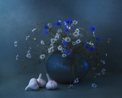 Stilleben med blå tusindfryd og hvidløg af Judy Tseng
