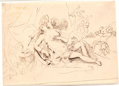 Hvilende Venusfigur, omgivet af seks putti, der leger med sværd, pil og hjerte af Jürgen Ovens