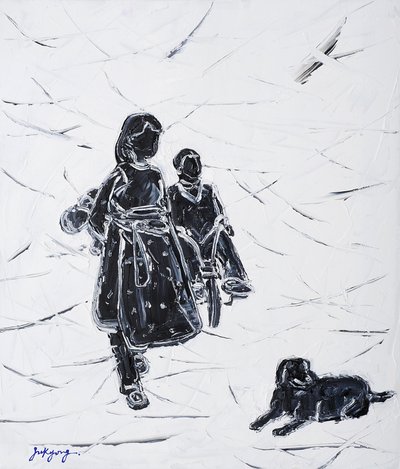 Børn, der går tur med hunden af Jukyong Park