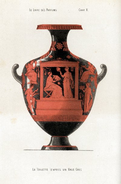 Græsk vase, der dekorerer en kvinde på et toilet, der holder en æske med kosmetik og parfume assisteret af en slave, der vinker med en vifte af Jules (after) Cheret
