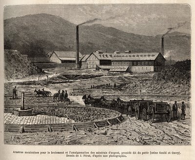 Mexicanske arastras (område trampet af muldyrenes fødder, som til betræden af bles) til formaling og sammenlægning af sølvmalme (Gould og Curry fabrikker) i nærheden af Virginia City (Nevada), gravering efter J.Ferats tegning , illustrati af Jules (after) Ferat