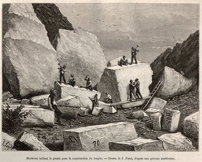 Mormonskærende granit til tempelbygning. Gravering efter J.Ferats tegning, for at illustrere historien La conquete blanche, af William Hepworth Dixon, i 1875, udgivet i "" Le tour du monde""" 1876, redigeret af Edouard Charton, Hachette-udgaven, Paris af Jules (after) Ferat
