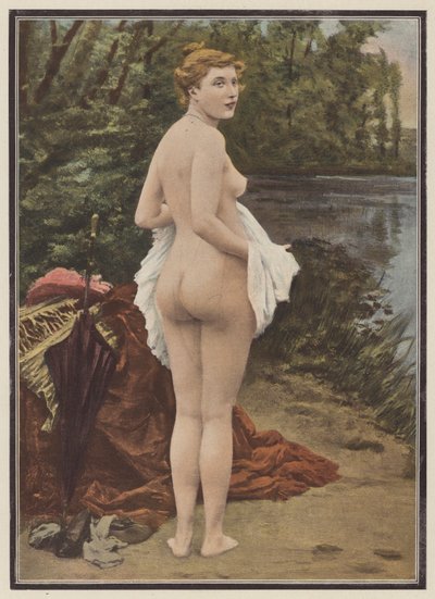 Sommer, kvinde bader i en sø (farve litho) af Jules (after) Scalbert