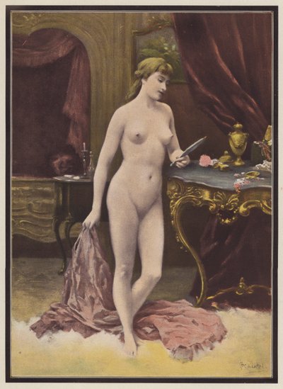 Kvinde med et spejl (farve litho) af Jules (after) Scalbert