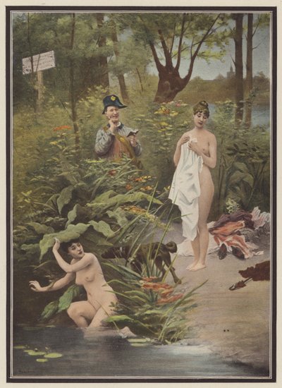 Kvinder taget i færd med at bade (farve litho) af Jules (after) Scalbert