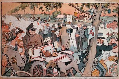 Karikatur af M. Fournier, der tager afsted på Paris-Berlin-rallyet af Jules Abel Faivre