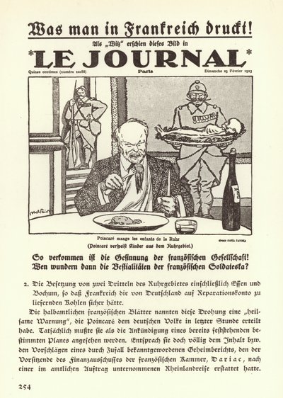 Tysk propaganda, der viser forsiden af en fransk avis med en tegneserie, der viser premierminister Raymond Poincare, der spiser børnene i Ruhr under den franske besættelse af regionen af Jules Abel Faivre