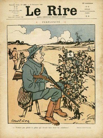 Illustration af Abel Faivre (1867-1945) til forsiden af Le Lire, 25/12/09 - Perplexite - Landskab, Fritid, Jagtjæger af Jules Abel Faivre
