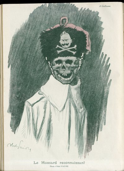 Illustration af Abel Faivre (1867-1945) i "" Fantasio"", 01/05/15 - Den taknemmelige Hussard - War of 14 -18, Tyskland Preussisk - William II, Reaper/Kammerat - Døden, FacesRiantes af Jules Abel Faivre