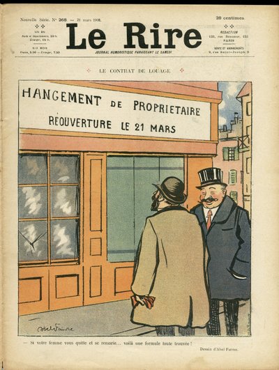 Illustration af Abel Faivre (1867-1945) til forsiden af Le Rire, 21/03/08 - Lejekontrakten - Arkitektur Byplanlægning, Bryllup, Utroskab, Butikker af Jules Abel Faivre