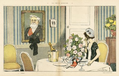Illustration af Abel Faivre (1867-1945) i Le Rire, 23/02/13 - Den glade enke - Republikkens præsident, Portræt - Marianne, Fallieres Armand (1841-1931) af Jules Abel Faivre