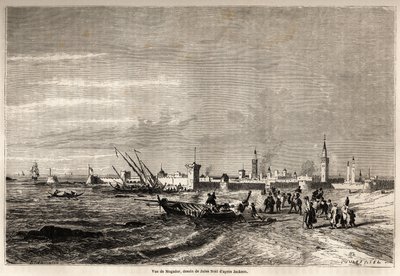 Udsigt til Essaouira (Trainly Mogador), tegning af Jules Noel (1810-1881), for at illustrere Mr.F. Schicklers rejse til Marokko i 1860. Enggraving in “” le Tour du Monde, New Journal des Voyages ”” Paris af Jules Achille Noel