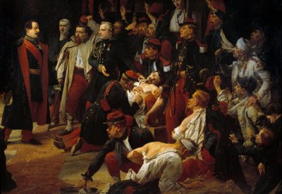 Kejser Napoleon III besøger de franske, piemontesiske og østrigske sår fra slaget ved Montebello til Vogheres ambulancer i maj 1859 Detail. Maleri af Jules Rigo (1810-1892) 1859 Paris, Museum of the Val de Grace af Jules Alfred Vincent Rigo