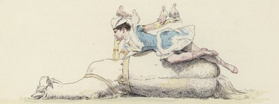 Cirkusartist, liggende på en hest, med duer på armen og hovedet (farve litho) af Jules Arsene (after) Garnier