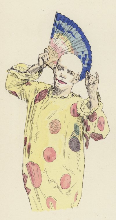 Klovn holder en vifte (farve litho) af Jules Arsene (after) Garnier