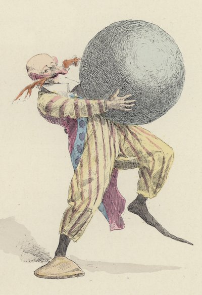 Klovn holder stor bold (farve litho) af Jules Arsene (after) Garnier