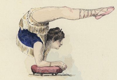 Kvindelig gymnast laver albuestand (farve litho) af Jules Arsene (after) Garnier