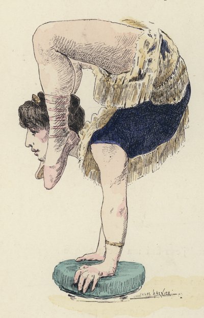 Kvindelig gymnast gør håndstand (farve litho) af Jules Arsene (after) Garnier