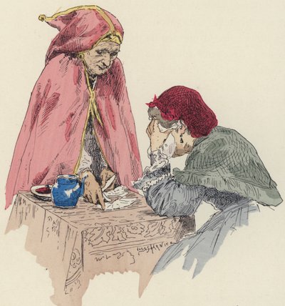 Spåkone på messen (farve litho) af Jules Arsene (after) Garnier