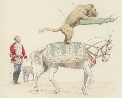 Løve balancerer på hest (farve litho) af Jules Arsene (after) Garnier